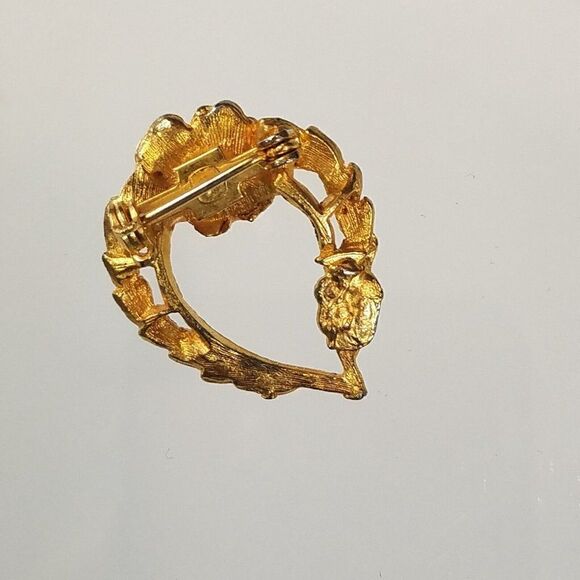 Vintage Faux Pearl Brooch Pin Gold Tone Heart Leaf Rose - Picture 4 of 6